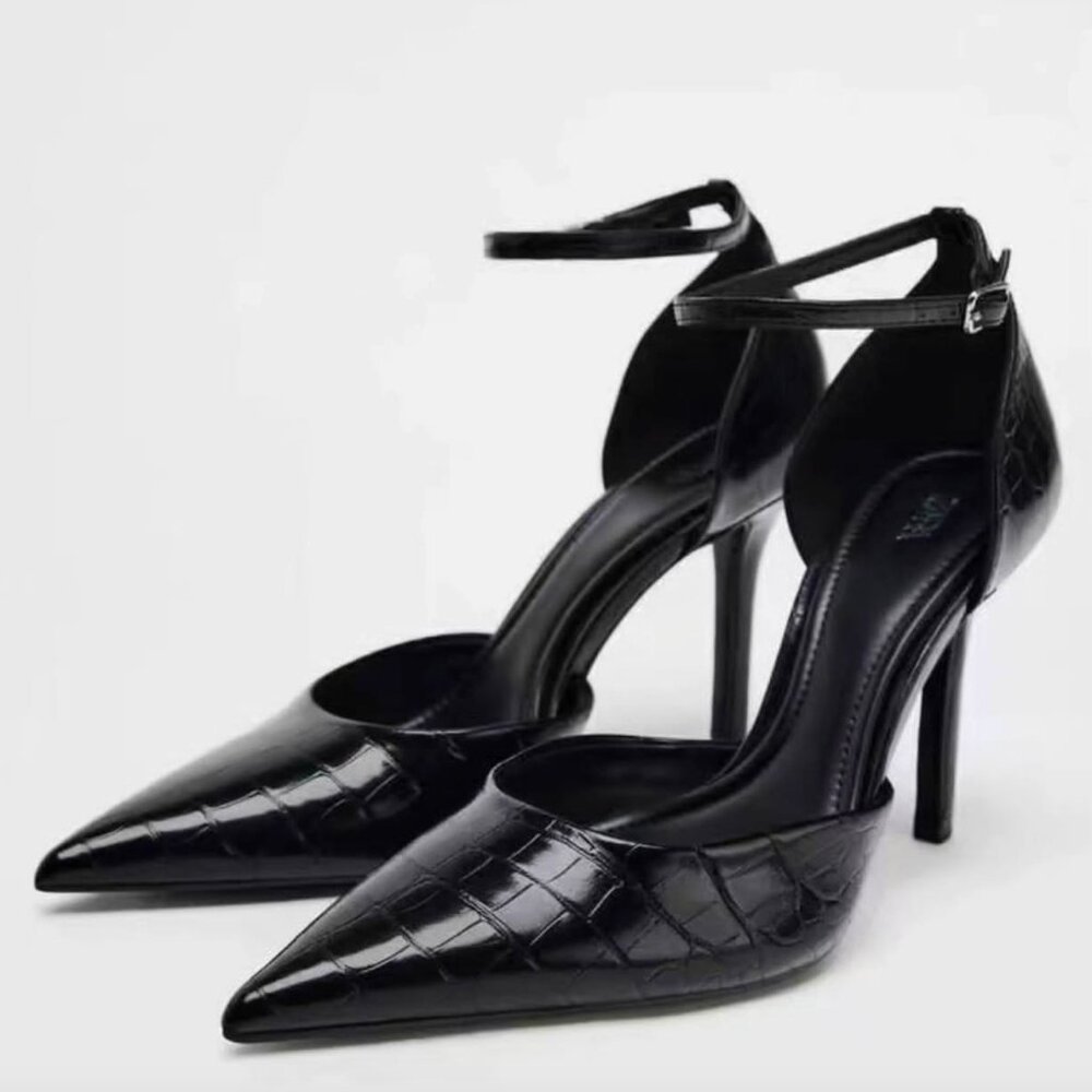Zara Black Croc Leather Ankle Heels (Size 36)